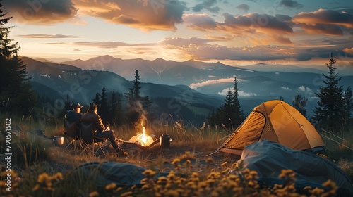 Two campers sit by a fire near a tent with a sunset over mountain range.