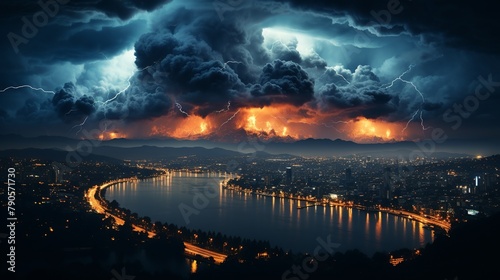 Dangerous thunderstorm over the city at nigh