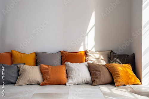 Create a Warm and Inviting Minimalist Bedroom with Neatly Lined Up Pillows in Warm Tones