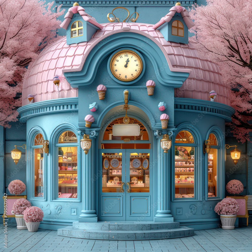Fototapeta premium Exterior of Fairytale Blue Sweets Shop with Clock extreme closeup. Generative AI