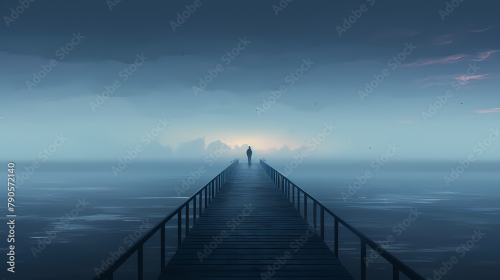 A lonely figure stands at the end of the endless pier A lonely figure stands at the end of the endless pier