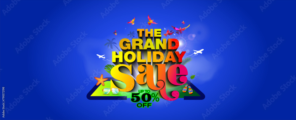 EPS vector illustration of Vacation Holiday sale deal offer discount up to 50% off program and package.