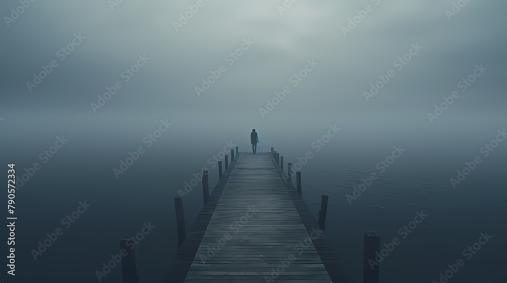 Fototapeta premium A lonely figure stands at the end of the endless pier