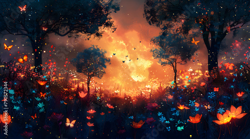 Enchanted Evening: Watercolor Scene of Garden Illuminated by Fairy Lights and Shadows