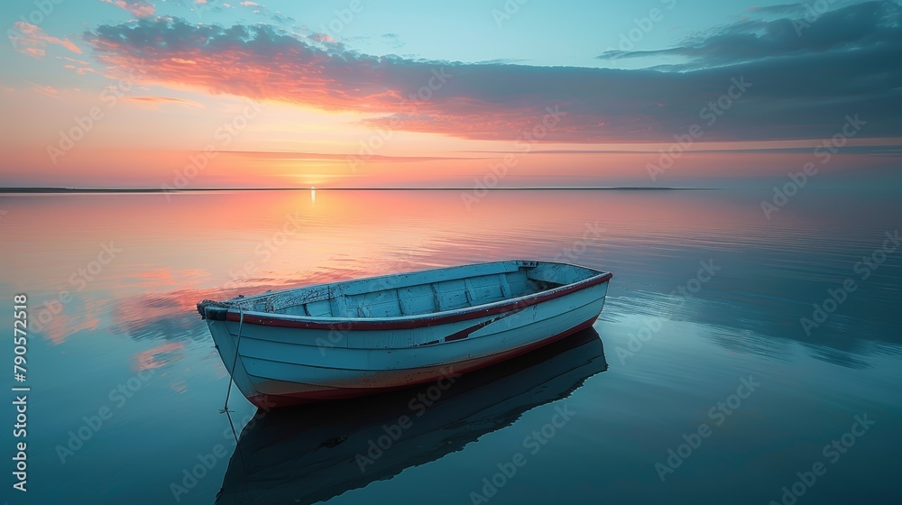 Solitary Rowboat on Calm Water at Sunset, Reflective Seascape with Pastel Skies