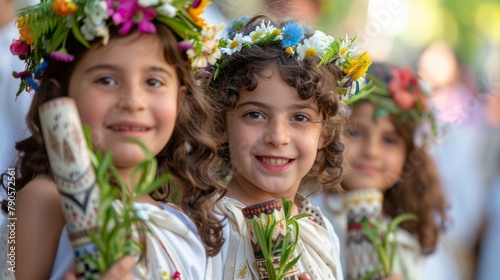Charming Young Girl in Traditional Dress with Flower Crown Celebrating Shavuot Festival