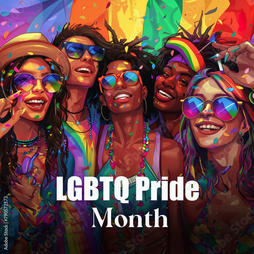 Illustration of joyous LGBTQ community celebrating Pride Month with vibrant background