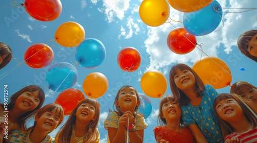 Children looking up at vibrant balloons against a blue sky, celebrating a joyous event