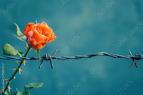 An orange rose blossomed on a barbed wire. The blue background represents the sky. Conceptual art .