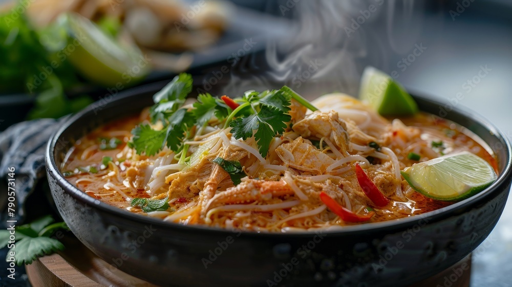 Spicy Thai soup with noodles, chicken, and herbs in a black bowl garnished with lime Spicy Thai soup with noodles, chicken, and herbs in a black bowl garnished with lime