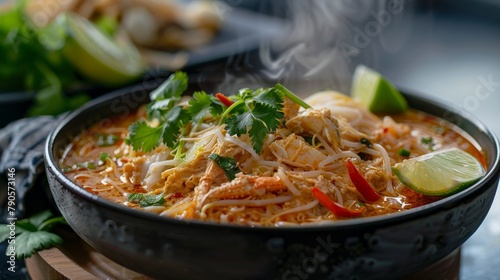 Spicy Thai soup with noodles, chicken, and herbs in a black bowl garnished with lime