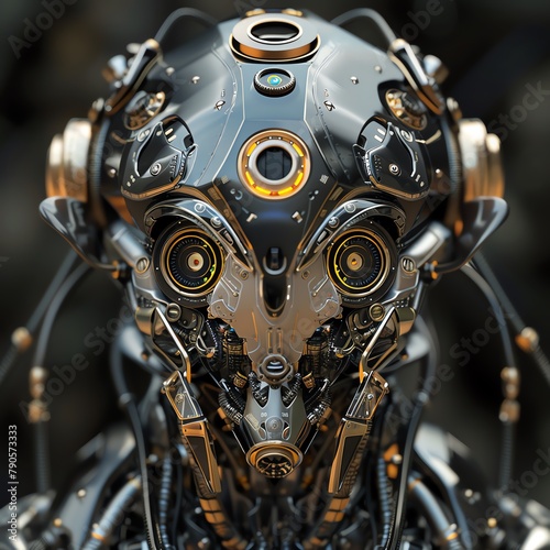 Capture a frontal view of a robotic creature with intricate, clockwork-like details Execute a surrealistic twist by incorporating unexpected camera angles to enhance its mystique Use digital rendering