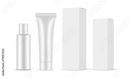 Cosmetic Tube And Plastic Bottle With Packaging Boxes, Isolated On White Background. Vector Illustration