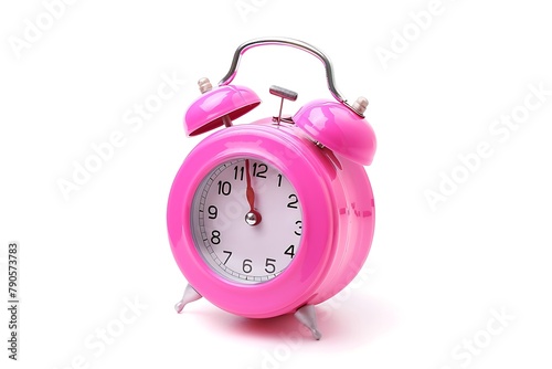 Conceptual art : time to exercise : ball within pink alarm clock isolated on white background .