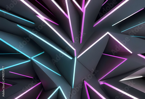 Dunkler verschachtelter geometrischer Hintergrund mit farbigen Lichtstreifen auf den Kanten photo