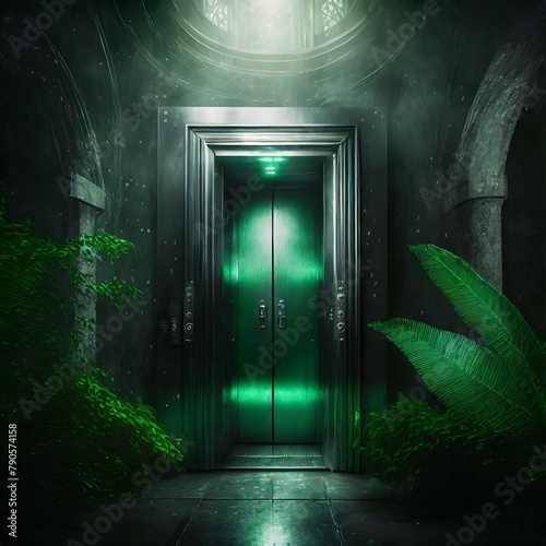 light in the dark green,dark, green ambient, A silver large closed elevator