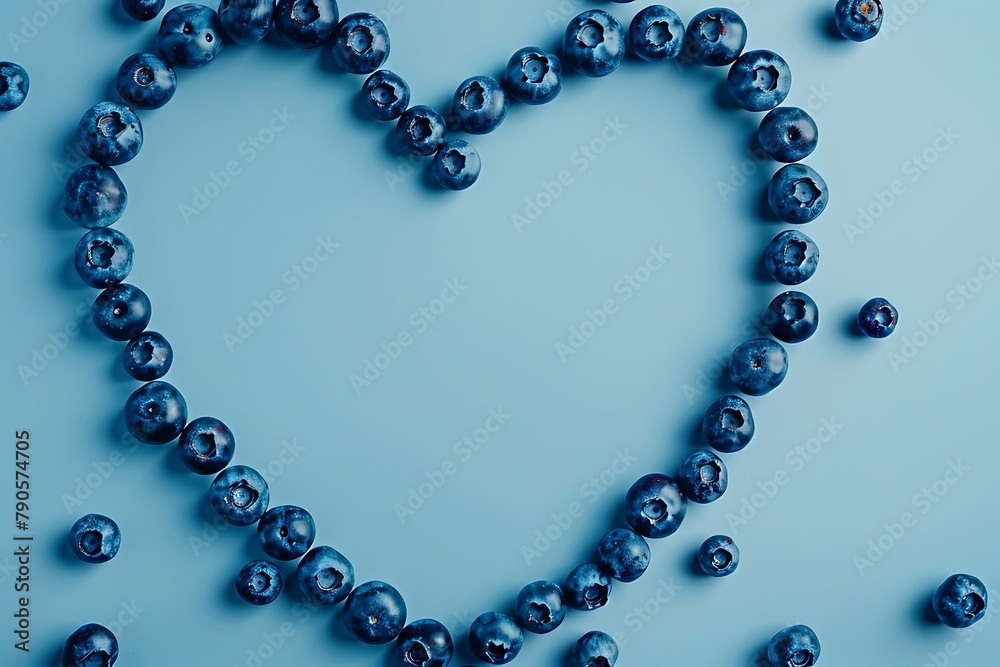 blueberries in heart shape frame isolated on light blue background, summer harvest wallpaper, love and health card banner