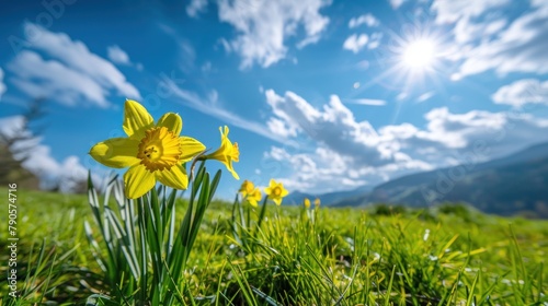 yellow daffodils in green grass at the base of a mountain, bright and sunny, blue sky with clouds, macro, leica   photo