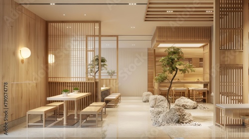 Zen-inspired sushi restaurant interior with clean lines  natural materials  and minimalist furnishings  fostering a serene and tranquil dining environment 