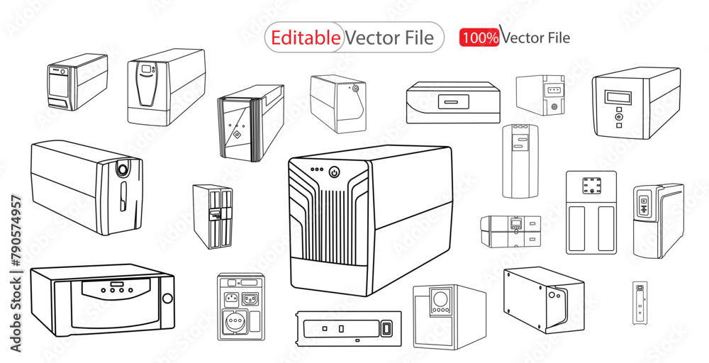Set UPS Line art icon isolated on a white background. Uninterruptible power supply, Ups Icon Vector Illustration. power supply icon Set. long shadow, vector illustration Design
