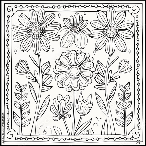 black and white line art drawing flowers scene folk art style for a kids coloring book