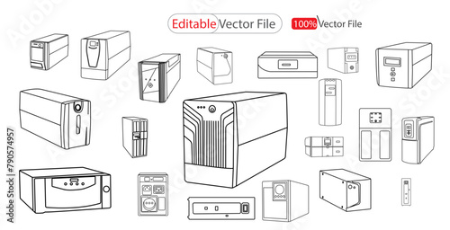 Set UPS Line art icon isolated on a white background. Uninterruptible power supply, Ups Icon Vector Illustration. power supply icon Set. long shadow, vector illustration Design 