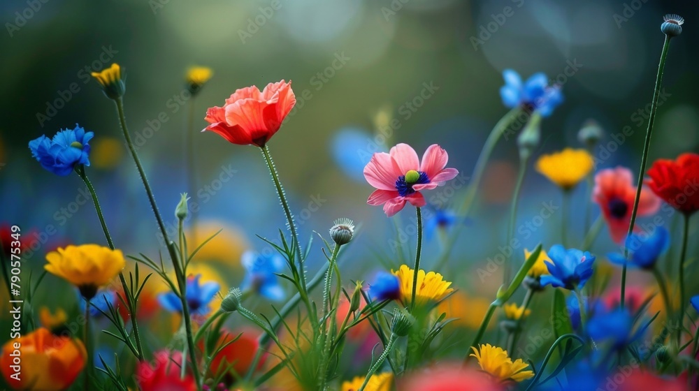 Colorful flowers in a meadow with green, yellow, and blue hues