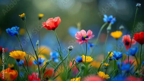 Colorful flowers in a meadow with green, yellow, and blue hues © 2rogan