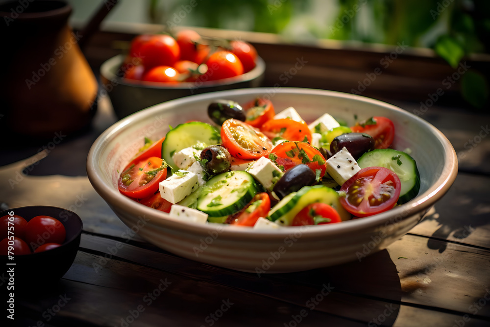 Greek Salad, Fresh cucumbers, tomatoes, olives, feta cheese