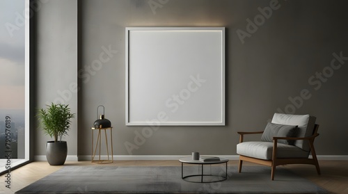 Single ISO A1 frame mockup, reflective glass, mockup poster on the wall of living room. Interior mockup. Apartment background. Modern interior design. 3D render © Auoxx