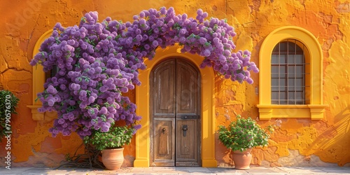 a tree with purple flowers growing on a yellow wall