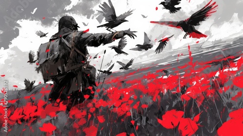 crows in a poppy field