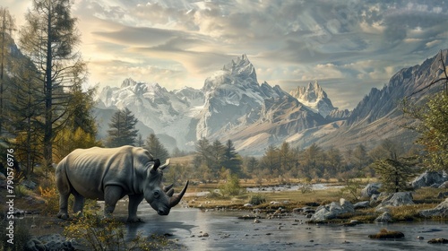 A rhino is standing in a grassy field next to a river