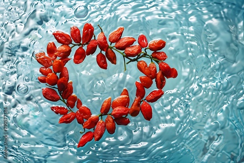 goji berries in shape of heart frame on clear water background, life health mood wallpaper photo