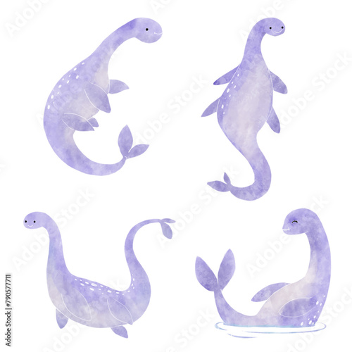 Nessie or Loch Ness Monster . Cute dinosaur cartoon characters . Watercolor paint design . Set 14 of 20 . Vector .