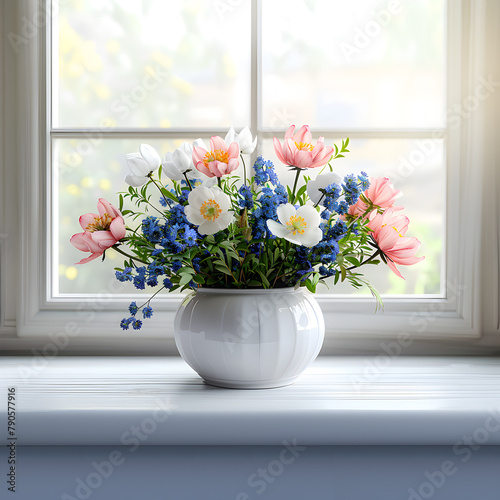 Bouquet of flowers in a vase on a wooden floor. Bright morning.