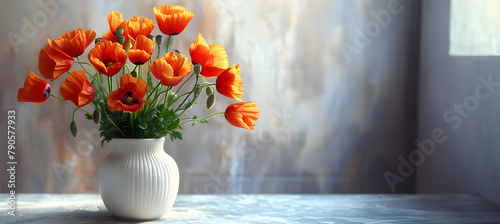 Poppies in a vase a vintage style background, Bright morning.