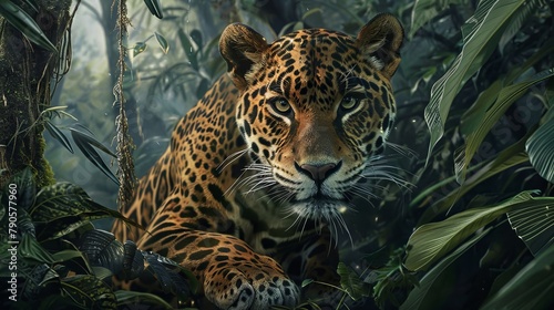 A jaguar is in a jungle setting, looking at the camera