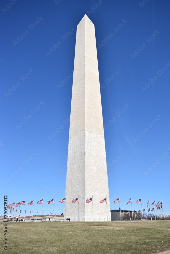 Iconic Washington Monument in DC surrounded by numerous American flags