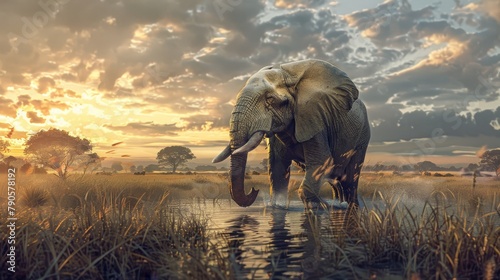 A large elephant is standing in a field of tall grass near a body of water photo