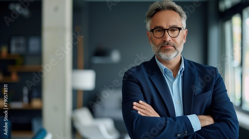 A middle-aged CEO, arms confidently crossed, standing in his office space. The backdrop is a sleek