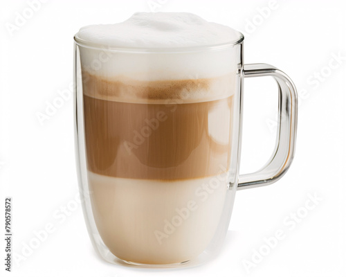 A Vanilla Latte Elegantly Presented in Double-Walled Glass Against a Minimalist White Background