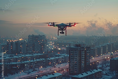 A drone surveys a snow-covered city.