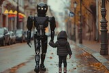A girl holds the hand of a black android robot.