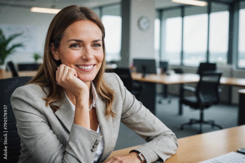 Smiling businesswoman with hand on chin sitting at office