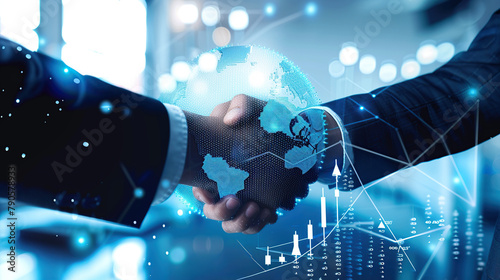 Businessmen handshake global stock market graph bar chart Digital innovative technology internet communication agreement partnership teamwork concept transformed