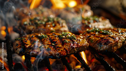 Succulent grilled meat cooking over fiery coals, exuding smoke and mouthwatering aroma. 