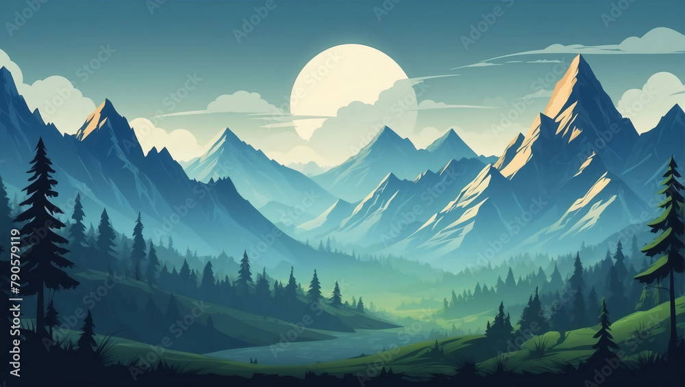 Mountains and woods in minimalist vector art.