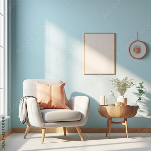 mockup 3d living room interior mockup in warm tones with armchair on empty light blue wall background