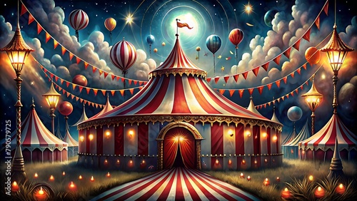 Circus Tent Shines Bright with Lights, Drawing Crowds to Festive Attractions at Night. photo